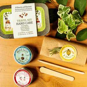 Gift tin travel hand care by Filberts of Dorset with natural ingredients, compact packaging, perfect for on-the-go use.