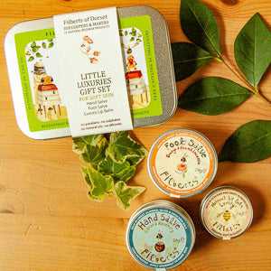 Gift tin set by Filberts of Dorset with skincare products on wooden surface with leaves.