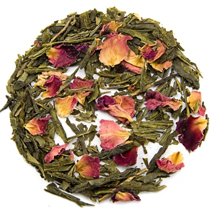 Cherry Sencha Green Tea loose leaves with rose petals, 100g packaging.
