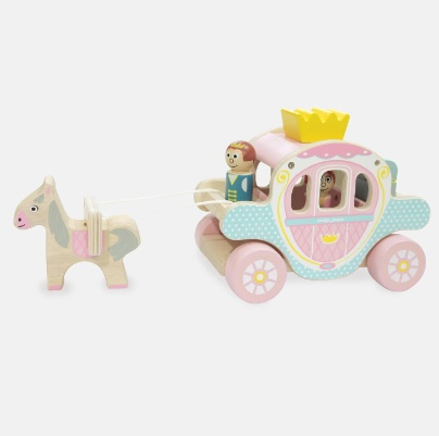 Princess Polly's Carriage wooden toy by Indigo Jamm Toys with pink and white design, floral patterns, and wooden characters.