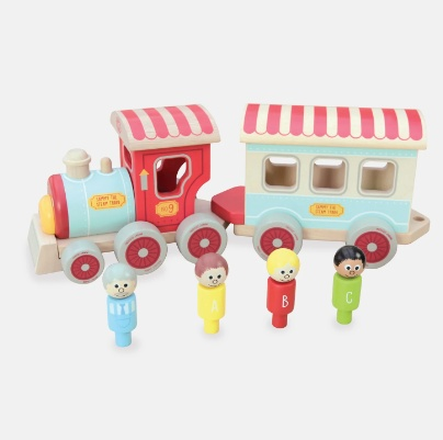 Sustainable wooden steam train toy with colorful locomotive and carriages.
