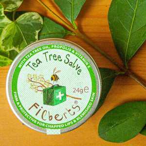 Tea Tree Salve by Filberts of Dorset with green foliage background.