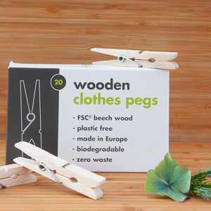 Eco-friendly wooden clothes pegs by EcoLiving, biodegradable and sustainable.