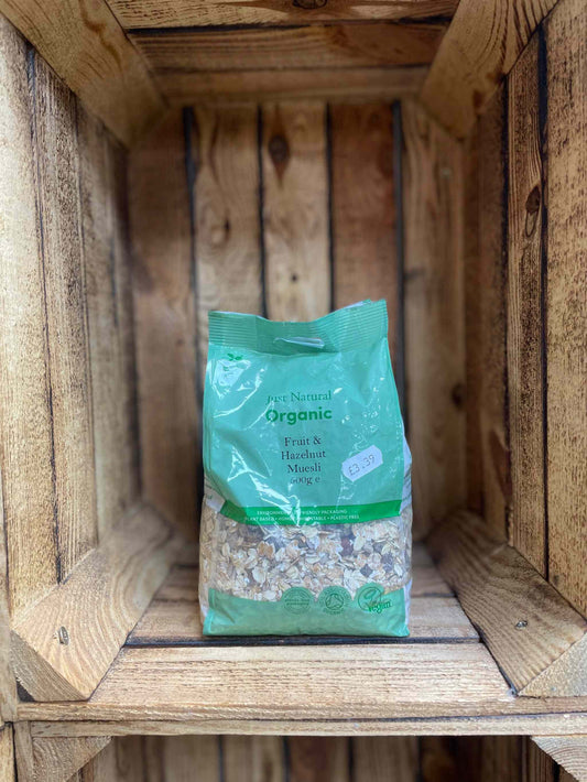 Organic Fruit and Nut Muesli 500g package in wooden crate.