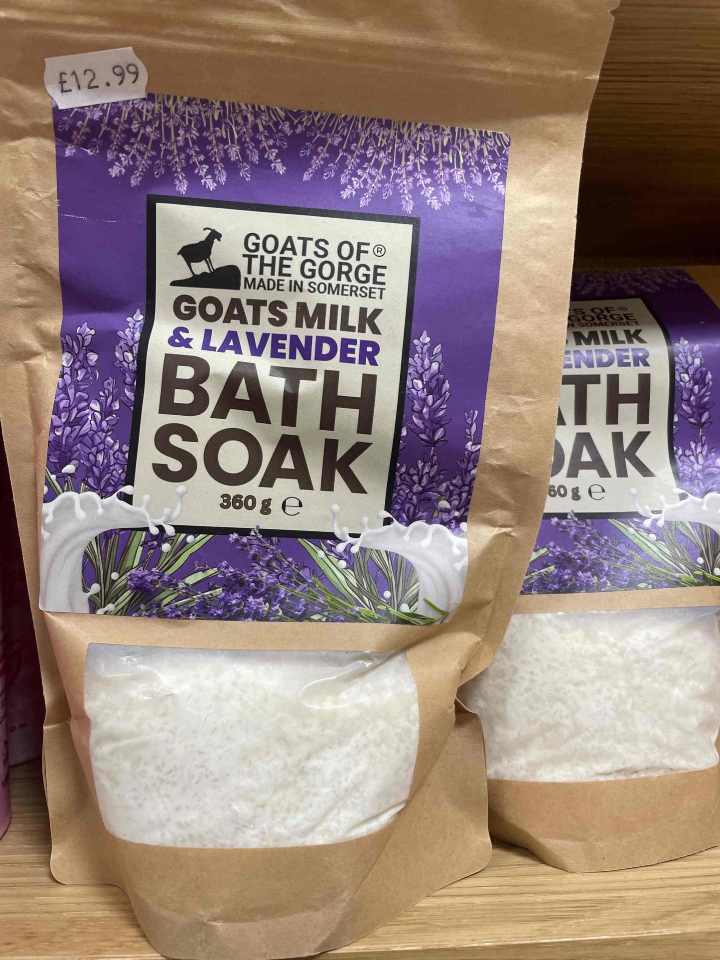 Goat Milk Bath Soak with Lavender Essential Oil packaging on display.