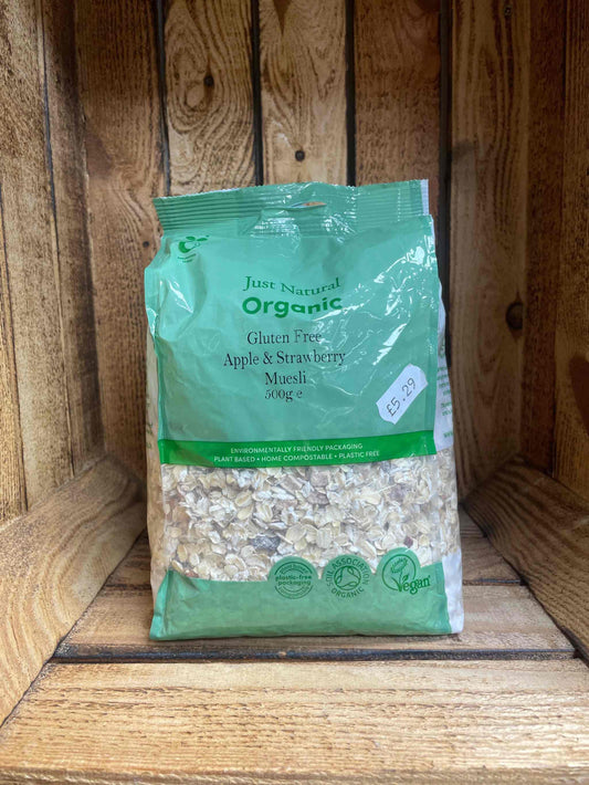 Organic GF Apple and Strawberry Muesli 500g in green packaging.