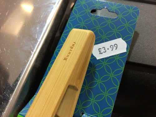 Bambu Small Tongs packaged on blue card with price tag.