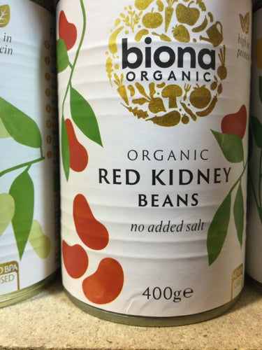 Biona organic red kidney beans can with label showing no added salt.