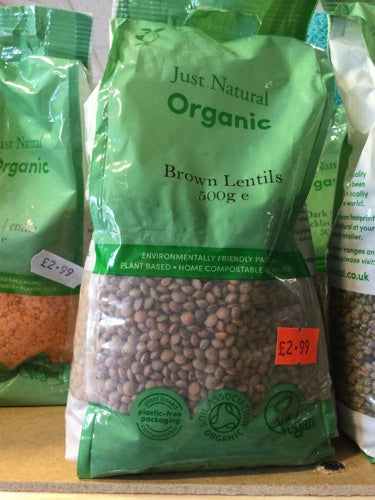 Organic Brown Lentils 500g package on shelf