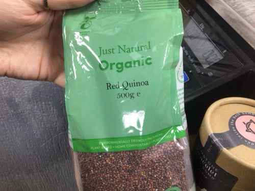 Organic Red Quinoa 500g package with green labeling.