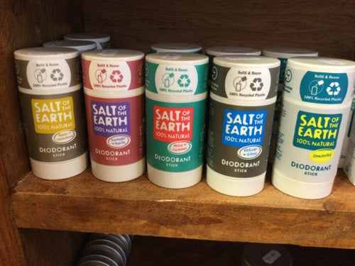 Salt of The Earth deodorant sticks displayed on a shelf.