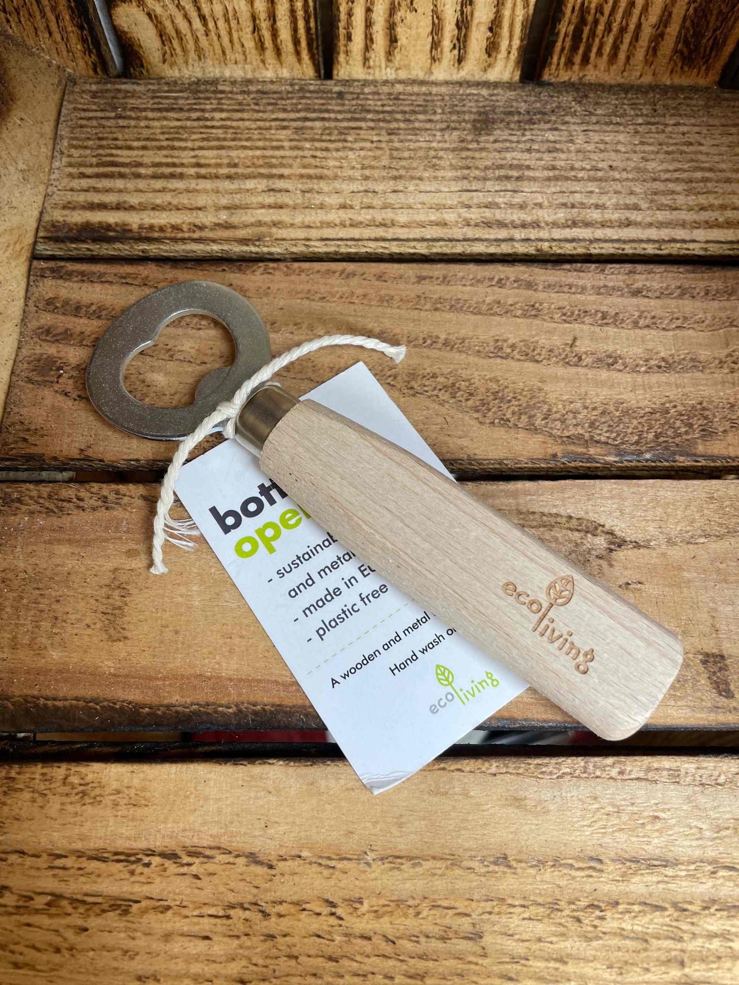 Eco-friendly wooden bottle opener made from FSC sustainable wood.