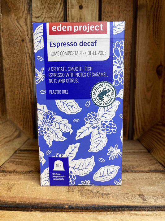Eden Project Decaf Espresso Coffee Pods - Rich, smooth, compostable, eco-friendly espresso pods with notes of caramel and citrus.