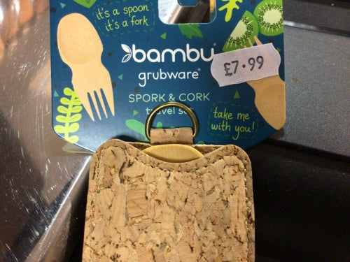 Bambu Spork & Cork eco-friendly utensil with travel case and packaging.