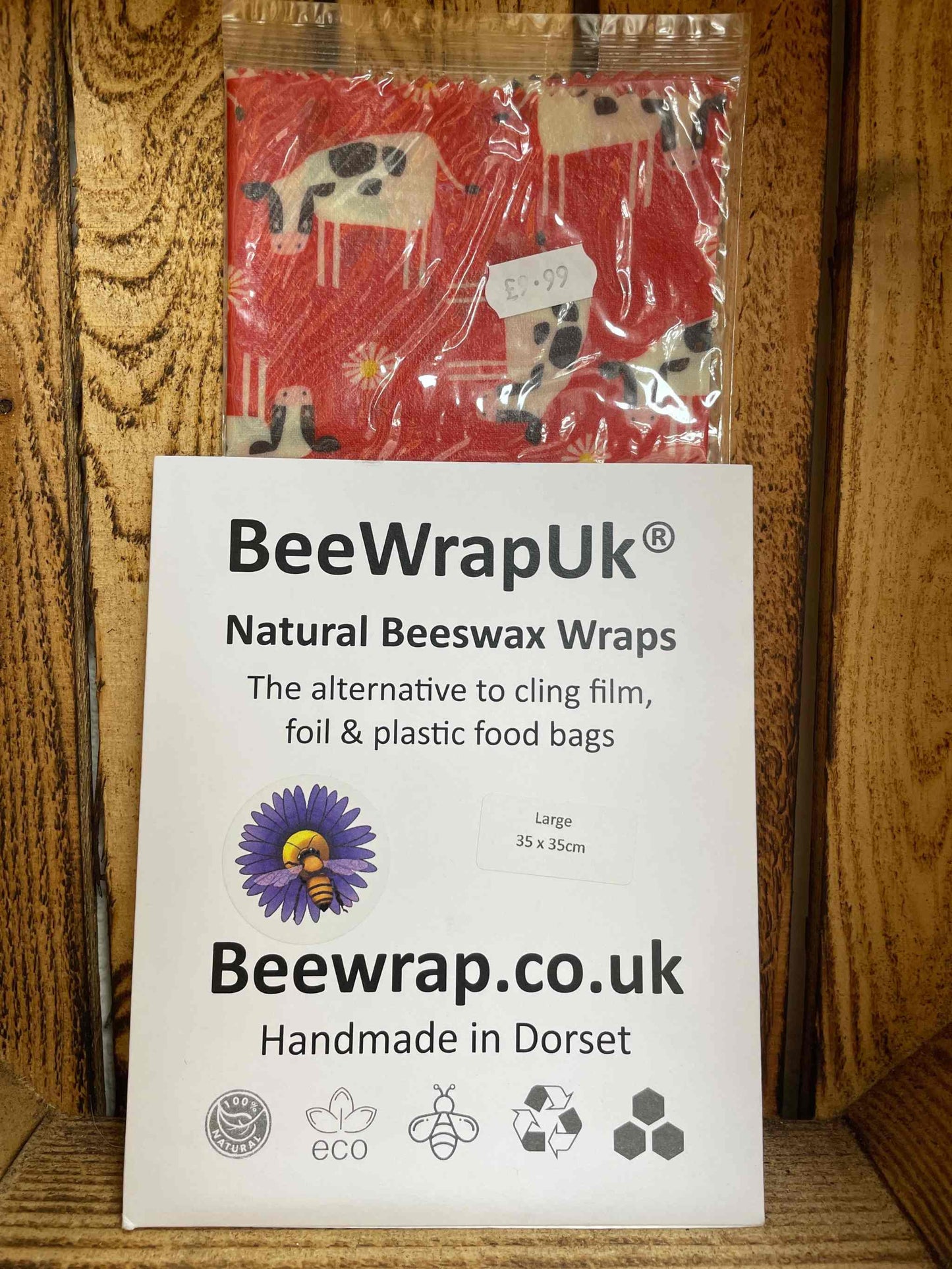 BeeWrapUK Large natural beeswax wrap package with cow design, eco-friendly food storage solution.