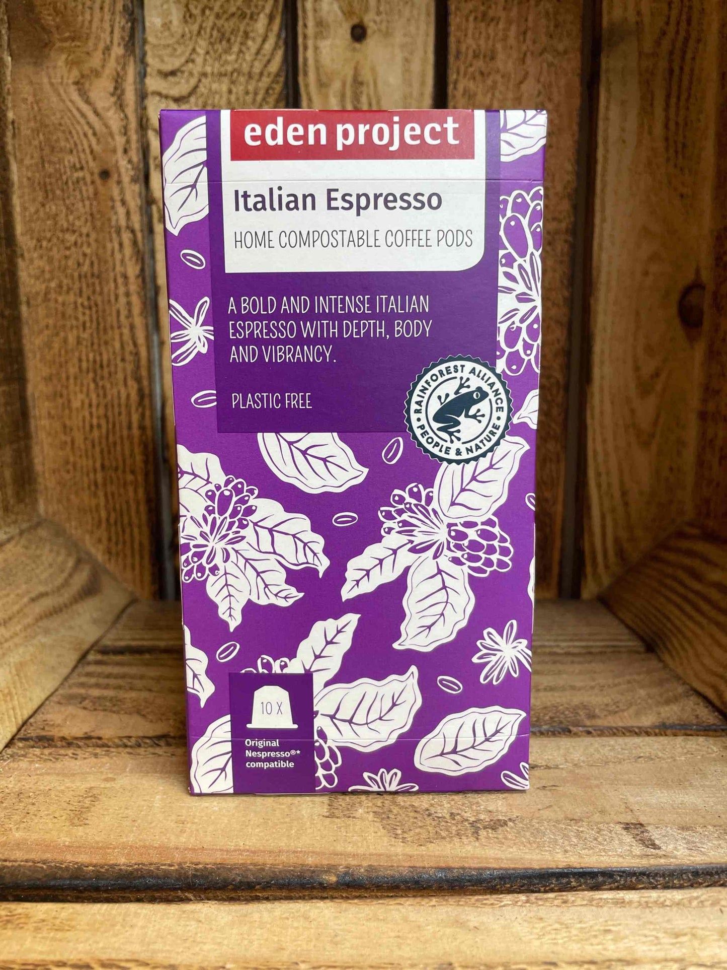 Eden Project Italian Espresso Coffee Pods, compostable, bold Italian flavor, eco-friendly packaging.