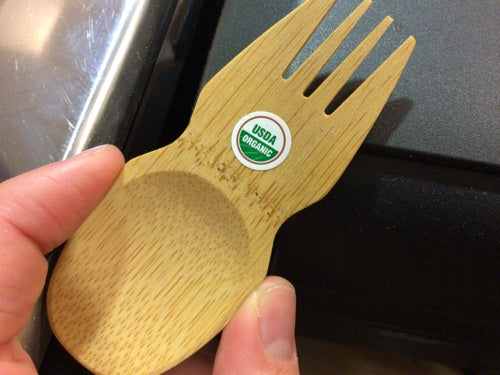 Eco-friendly Bambu Spork made from organic bamboo, combining spoon and fork functionality.