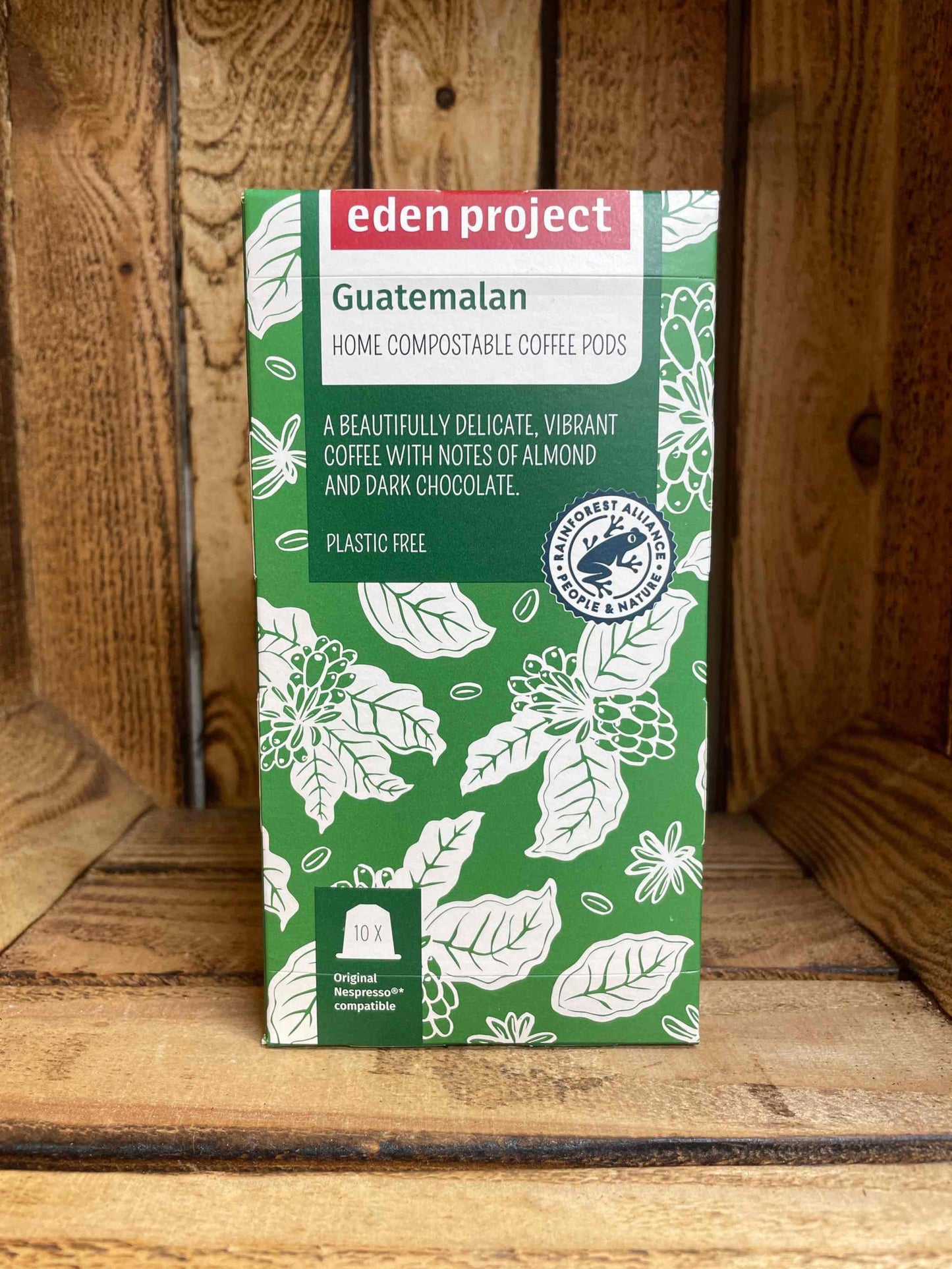 Eden Project Guatemalan Coffee Pods, eco-friendly biodegradable packaging, premium Arabica beans.