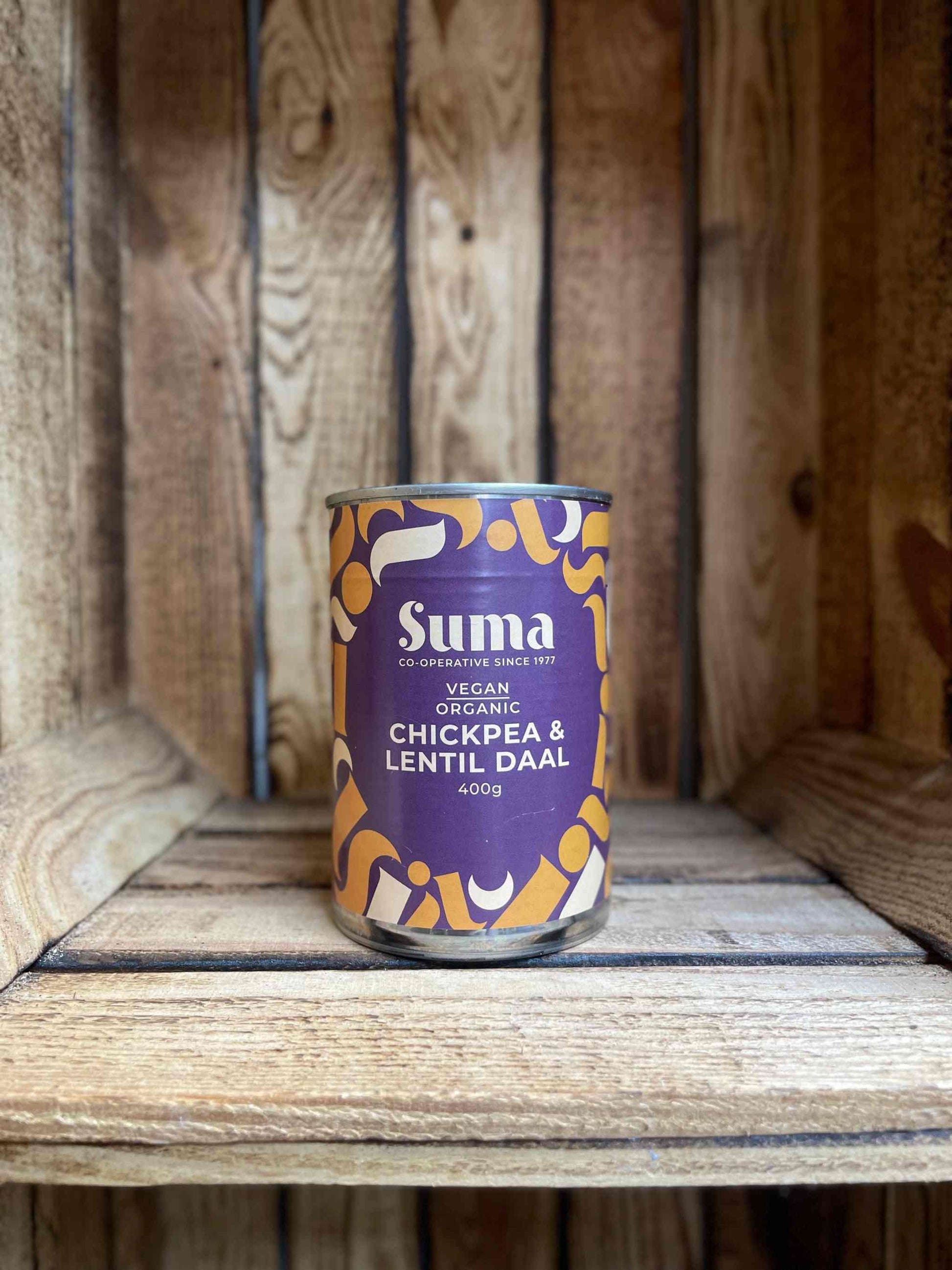 Organic Chickpea and Lentil Daal can on wooden shelf