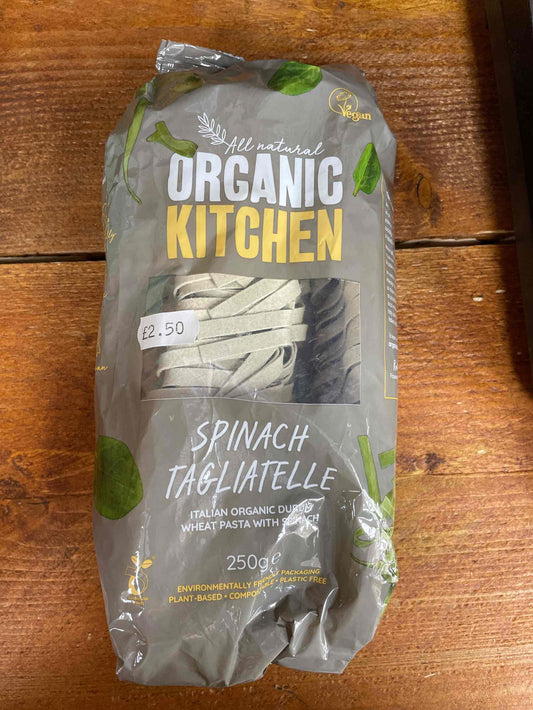 Organic spinach tagliatelle pasta package, 250g, Italian organic durum wheat, vegan.