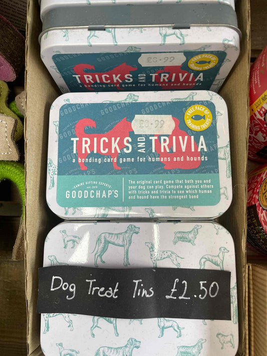 GoodChaps tricks and trivia dog treat tins.
