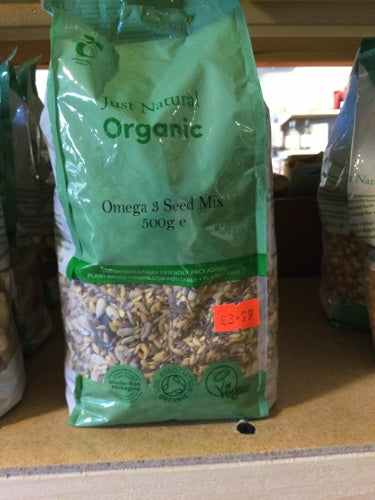 Organic Omega 3 seed mix 500g package on shelf.