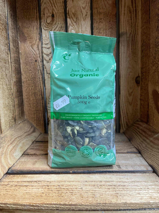 Organic pumpkin seeds 500g in a green package, nutrient-rich superfood.