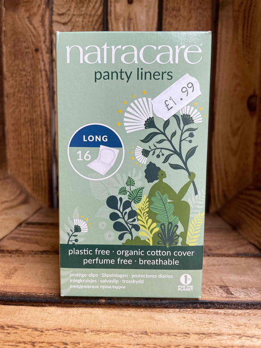 Natracare Pantyliners Long x16, organic cotton, eco-friendly, biodegradable, hypoallergenic, breathable.