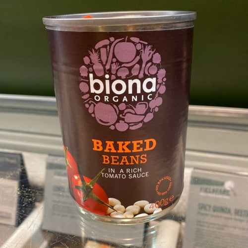 Baked Beans Organic Biona in rich tomato sauce, 400g can, eco-friendly packaging.