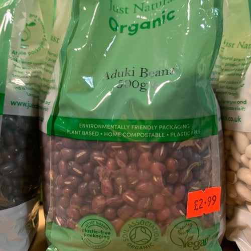 Organic Aduki Beans 500g in eco-friendly packaging, priced at £2.99.