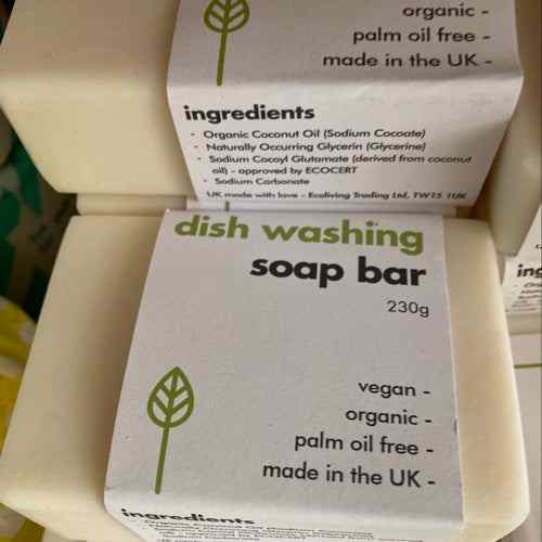 230g eco-friendly dish washing soap bar, vegan and organic, palm oil free, made in the UK.