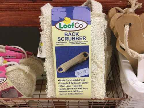 LoofCo Back Scrubber, eco-friendly natural loofah exfoliation tool, ergonomic design.