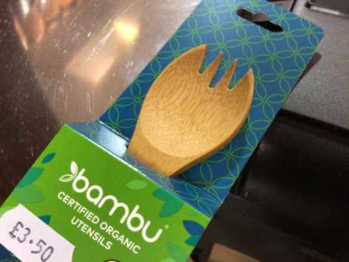 Bambu Large Spork, eco-friendly bamboo utensil in packaging, certified organic.