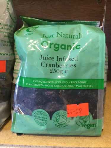 Org Juice infused cranberries 250g in eco-friendly packaging.