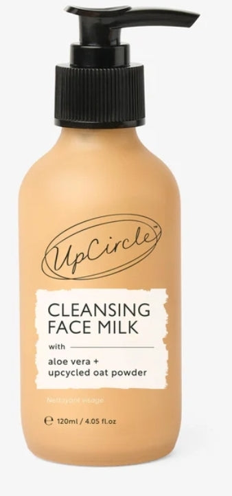 Cleansing face milk with aloe Vera and up-cycled oat powder, 120ml in beige glass bottle with a pump.