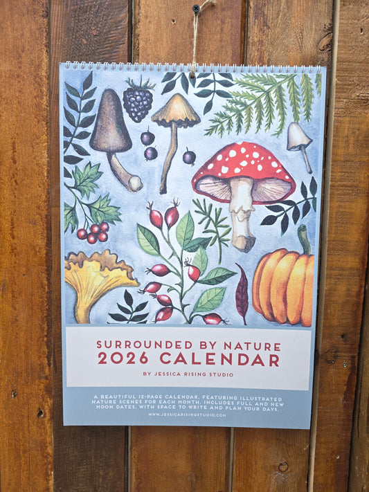 Beautifully illustrated 2026 calender surrounded by nature